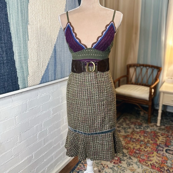 Sigrid Olson Green and Pink Tweed Flared Pencil Skirt - Picture 1 of 11